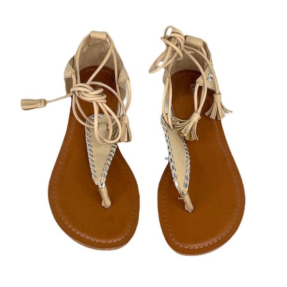 Express Faux Leather Gladiator Lace Up Sandals Tan Silver Size 8 - Picture 9 of 9